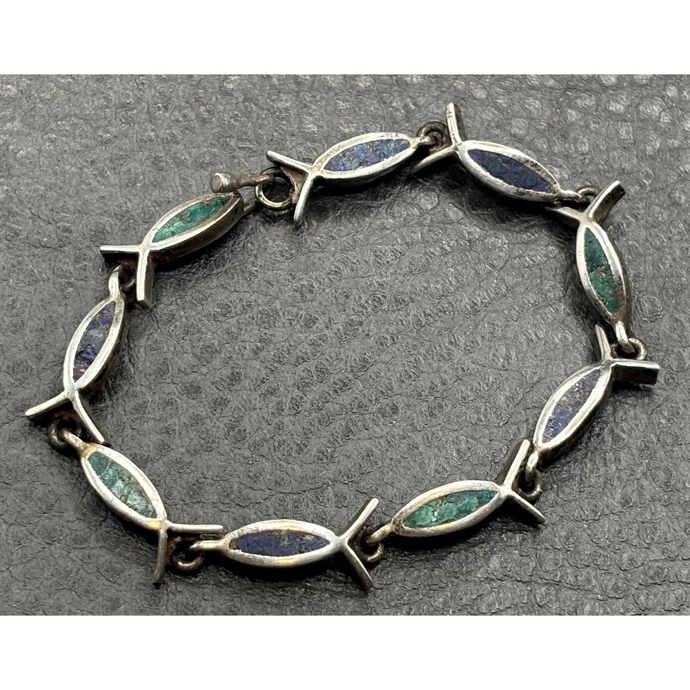 Vintage Mexico Taxco Sterling Silver Fish Lapis Turquoise Inlay Bracelet